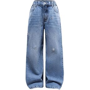 Floerns Girl's Rhinestone Elastic Waist Jeans Wide Straight Leg Denim Pants