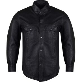 Men's Concealed Carry Black Premium Cowhide Leather Biker Motorcycle Shirt