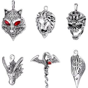 6pcs Punk Hip Hop Saints' Day Wolf Head, Bird Head, skull, lion Head, Dragon Head Charms Pendant For Keychain Necklace Jewelry Making