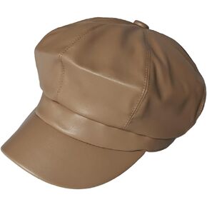 Womens PU Leather Newsboy Cap Solid Color Octagonal Beret Hat Vintage Bakerboy Visor Cap