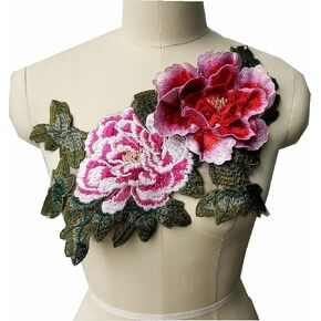 Large Embroidered 3D Peony Flowers Leaves Sew Patches Trimmings Applique Wedding Gown Dress Bridal Evening Cheongsam Dress DIY Decoration Craft (Yellow)