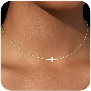 Cross Necklace for Women 14K Gold Plated Sideway Cross Choker Charm Necklace Faith Jewelry