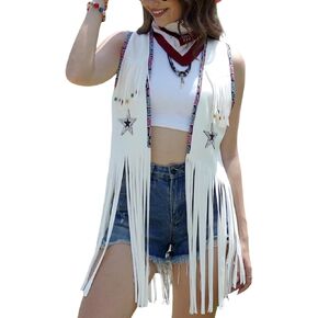 Women Tassel Sleeveless Rhinestone Cowgirl Vest 70s Hippie Faux Suede Fringe Jacket