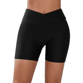 Women's 5" Swim Shorts High Waisted Swimsuit Bottoms Cross Waist Bathing Suit Shorts Built in Brief