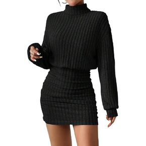 Women's Pullover Sweater Dress Long Lantern Sleeve Turtle Neck Cute Ribbed Knit Bodycon Mini Short Dress 2024 Fall