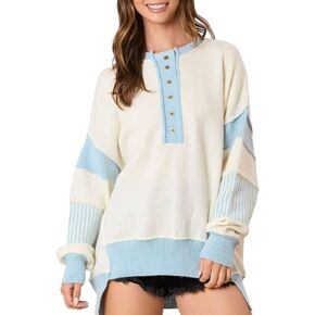 Tikwek Women's Fall Pullover Sweaters Oversized Button Long Sleeve Knit Sweatshirt Jumper Tops