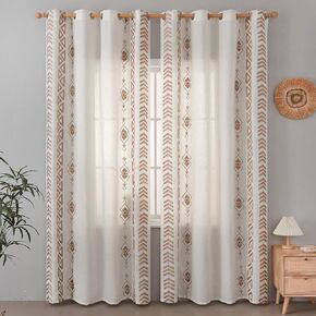 Boho Curtains Linen Embroidered Curtains Bohemian Geometric Beige Farmhouse Curtains Living Room Room Decor Rustic Curtains Translucent Window Grommet Curtains 2 Panel 84 Inch Taupe