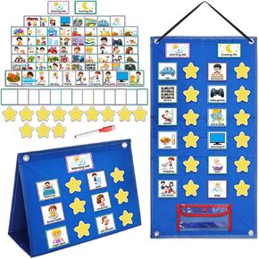 Visual Schedule for Kids With Autism, 3 In 1 Morning Routine Chore Chart, 97 Cards Toddler Calendar Pocket Chart with Reward, Home School Essentials Autism ADHD Learning Materials