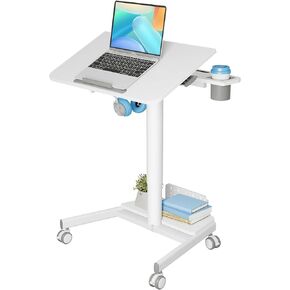 Mobile Standing Desk with Storage Base, 60° Tiltable Rolling Laptop Desk, Height Adjustable Portable Desk with 4 Lockable Wheels for Home Office, White