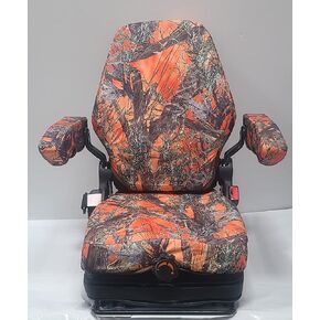 TSKL10-MC2O, DSC Tractor Seats, Forklift/Tractor Replacement Suspension Seat with Built-in Headrest and Adjustable Armrest Customized in MC2 Orange Camo Endura.