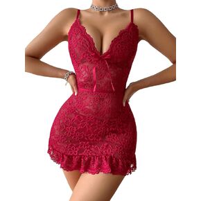Women's 2 Piece Lingerie Set Ruffle Lace Mesh Thong Babydoll Lingerie Dress Chemise Nightgown