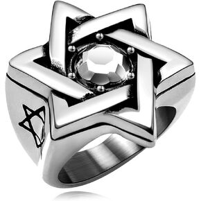 Star of David Ring for Men Women, 18K Gold/Black Stainless Steel Vintage CZ Signet Protection Amulet Rings, Size 7-14
