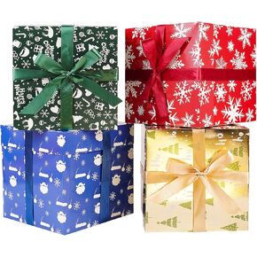 JWSCYSY Assorted Designs Christmas Gift Boxes with Lids, Tissue Papers and Ribbons, Medium Square Gift Boxes - 4 Pcs (8.7 Inch), Gift Wrapping Christmas Holiday New Year Presents Party Favor Boxes.