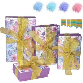 suosicn 4 Pack Rectangle Purple Flower Paper Gift Boxes for Party Favor,Assorted Sizes Gift Boxes for Wedding,Baby Shower and All Occasions