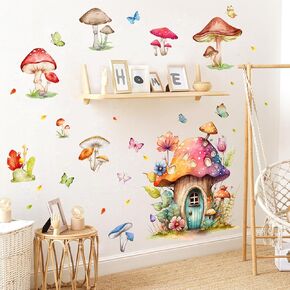 Watercolor Style Cartoon Forest Mushroom Wall Decals Mushroom Fairy Wings Wall Stickers Baby Nursery Kids Girls Bedroom Living Room Wall Décor, Blue