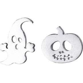 Pumpkin Ghost Stud Earrings S925 Sterling Silver for Girls Women Minimalist Asymmetric Small Cartilage Earring Studs Hypoallergenic Cute Jewelry Halloween Gifts BFF