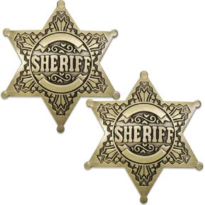 Sheriff Badge 2 Packs Metal Police Badges Pin Old West Prop Western Cop Star Badge for Kids, boys, Girls, Party, Adult (Gold)