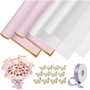 DESUNESS 60 Sheet Flower Wrapping Paper - Waterproof Floral Bouquet Wrapping Paper, Florist Supplies with 3D Gold Butterfly Decor, Ribbon for Wedding Birthday Gift DIY (White)