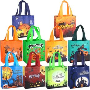 PARSUP 10PCS Halloween Bags,Halloween Tote Bags with Handles, Gift Bags, Multifunctional Non-Woven Halloween Bags for Gifts Wrapping, Trick or Treat, Halloween Party Supplies, 7.9"×7.9"×3.15"