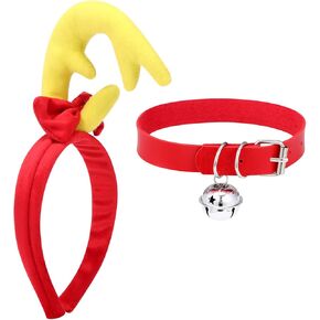 Max Costume Reindeer Antlers Headband Bell Choker Dog Ears Deer Horn Headband for Women Men Costume Accessories