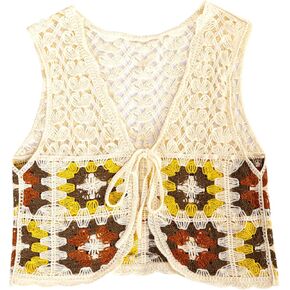 KEOMUD Crochet Floral Sweater Vest for Women Casual V Neck Crop Hollow Out Sleeveless Tie Front Knit Cardigan Vest