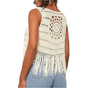 OYOANGLE Women's Boho Hollow Out Crochet Knit Sweater Vests Fringe Hem Casual Open Front Cardigan