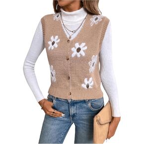 GORGLITTER Women's Flower Knit Vest Sleeveless V Neck Button Up Sweater Vest