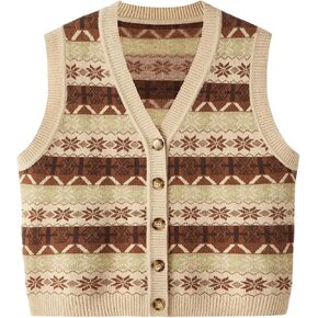 Verdusa Women's Button Front V Neck Printed Sleeveless Knitted Sweater Vest