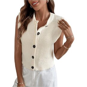 GORGLITTER Women's Knit Sleeveless Button Down Cardigan Crewneck Crochet Sweater Vest