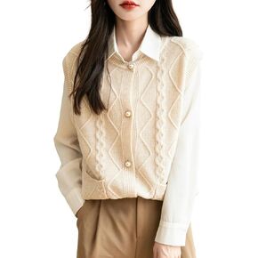 Women's 100% Merino Wool Sweater Vest 2024 Fall Winter Crew Neck Button Down Sleeveless Cable Knit Sweater Vest