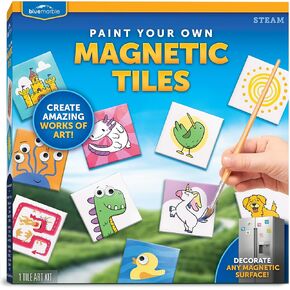 Magnetic Tile Art Craft Kit - Paint Your Own Magnetic Mini Tiles, Includes 10 Tiles, Magnets, 6 Paints, Brush, Googly Eyes & Transfer Stickers, Magnet Art Kit, DIY Magnets for Kids