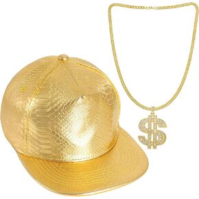 Hip Hop Costume Hat Kit 80s 90s Gold Hat Necklace with Dollar Sign Set Rapper Costume for Men and Women