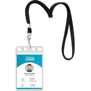 2 Pack Clear ID Badge Holder with Lanyard Black Lanyards with Vertical Waterproof ID Badge Holder for Office, School, Travel (Black)