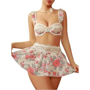 Verdusa Women's 3 Piece Lingerie Sets Floral Print Lace Mesh Underwire Bra and Panty with Mini Skirts