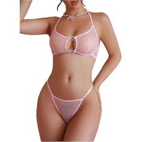 SOLY HUX Lingerie for Women Mesh Sheer Halter Wireless Bra and Panty Lingerie Sets