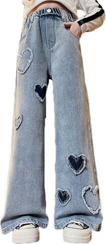 Girls' Casual Wide Leg Jeans Heart Print Elastic Waist Baggy Jeans Kids Cute Regular Fit Denim Pants with Pockets in Kuwait