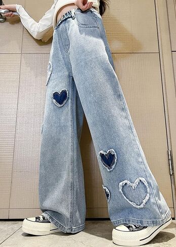 Girls' Casual Wide Leg Jeans Heart Print Elastic Waist Baggy Jeans Kids Cute Regular Fit Denim Pants with Pockets in Kuwait