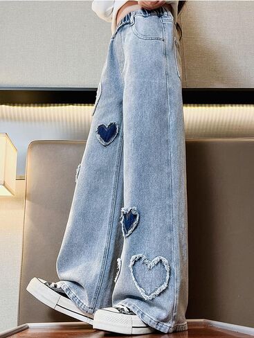 Girls' Casual Wide Leg Jeans Heart Print Elastic Waist Baggy Jeans Kids Cute Regular Fit Denim Pants with Pockets in Kuwait