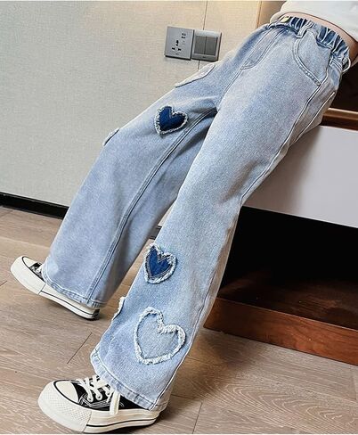 Girls' Casual Wide Leg Jeans Heart Print Elastic Waist Baggy Jeans Kids Cute Regular Fit Denim Pants with Pockets in Kuwait