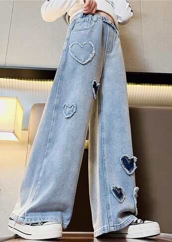 Girls' Casual Wide Leg Jeans Heart Print Elastic Waist Baggy Jeans Kids Cute Regular Fit Denim Pants with Pockets in Kuwait