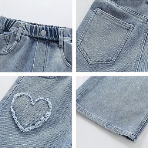 Girls' Casual Wide Leg Jeans Heart Print Elastic Waist Baggy Jeans Kids Cute Regular Fit Denim Pants with Pockets in Kuwait