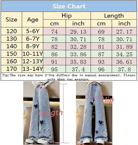 Girls' Casual Wide Leg Jeans Heart Print Elastic Waist Baggy Jeans Kids Cute Regular Fit Denim Pants with Pockets in Kuwait