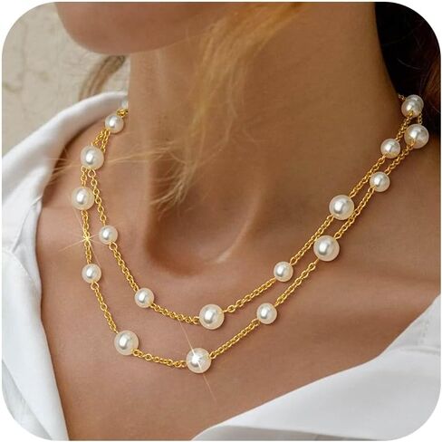 Gold Pearl Necklace for Women, Chunky 18K Gold Plated Layered Pearl Necklaces for Women Trendy Double Layered Pearl Choker Necklace Chain Pearl Necklace for Women Gold Jewelry Birthday Gifts in Saudi Arabia