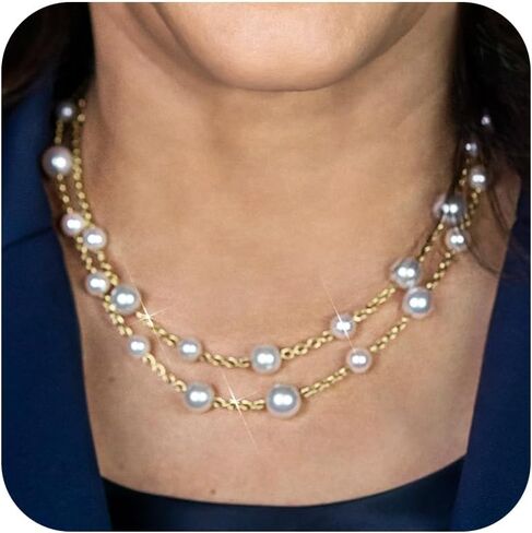 Gold Pearl Necklace for Women, Chunky 18K Gold Plated Layered Pearl Necklaces for Women Trendy Double Layered Pearl Choker Necklace Chain Pearl Necklace for Women Gold Jewelry Birthday Gifts in Saudi Arabia