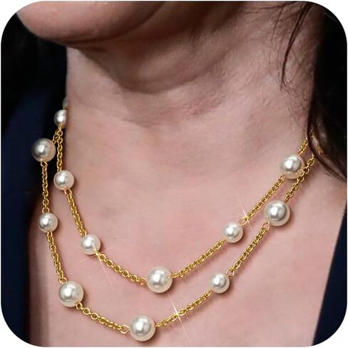 Gold Pearl Necklace for Women, Chunky 18K Gold Plated Layered Pearl Necklaces for Women Trendy Double Layered Pearl Choker Necklace Chain Pearl Necklace for Women Gold Jewelry Birthday Gifts in Saudi Arabia