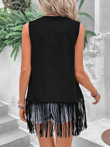 Verdusa Women's Fringe Vest Cardigan 70s Hippie Rivets Tassel Sleeveless Studded Jacket in Saudi Arabia