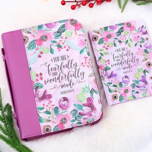 Faithful Hers Bible Covers for Women, Bible Case Set with Notebook and Bookmark, Leather Bible Cover, Bible Carrying Case for Woman Lady Bible Bag, Christmas Gift for Mother, 10.8x7.8x2 in, Purple in Kuwait