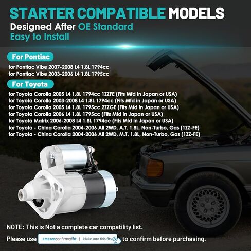 17841 Starter Motor Fit for Toyota Corolla, for Toyota Matrix, for Pontiac Vibe 2003-2008 1.8L L4 1.6KW 10-Teeth Automotive Replacement Starter#28100-0D080, 28100-22090, 88969483, 428000-1310 in Saudi Arabia