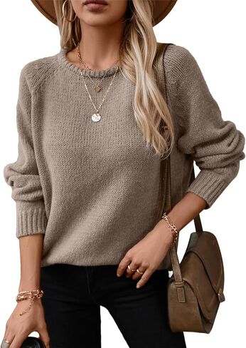 Women Casual Long Sleeve Fall Sweaters Crew Neck Solid Color Soft Ribbed Knitted Curling Pullover in Kuwait