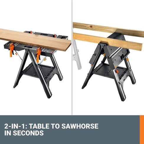 Worx Pegasus 2-in-1 Folding Work Table & Sawhorse, Easy Setup Portable Workbench, 31" W x 25" D x 32" H Lightweight Worktable with Heavy-Duty Load Capacity, WX051 - Includes 2 Clamps & 4 Clamp Dogs in Saudi Arabia